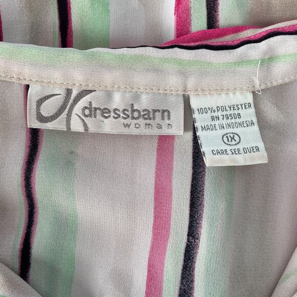 Dress Barn Blouse Plus Size 1X White Pink Green Stripe Button Long Sleeve Office - Picture 11 of 15